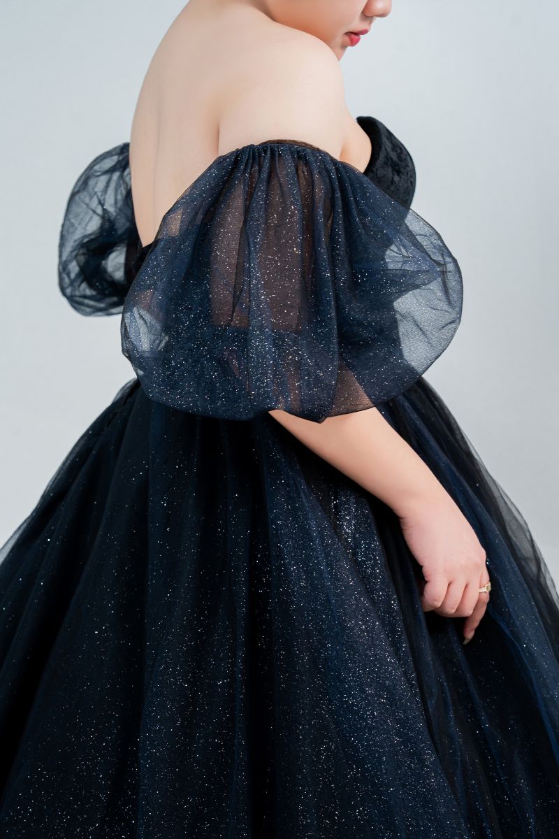 大尺碼禮服 大尺碼晚禮服 黑藍星塵 亮粉層次效果