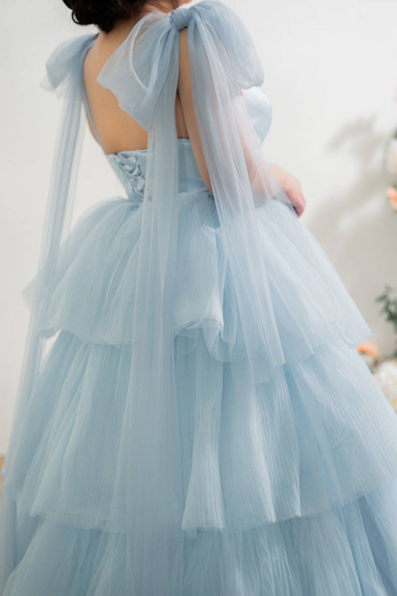 大尺碼禮服 推薦 藍色蝴蝶結 禮服 層次裙擺