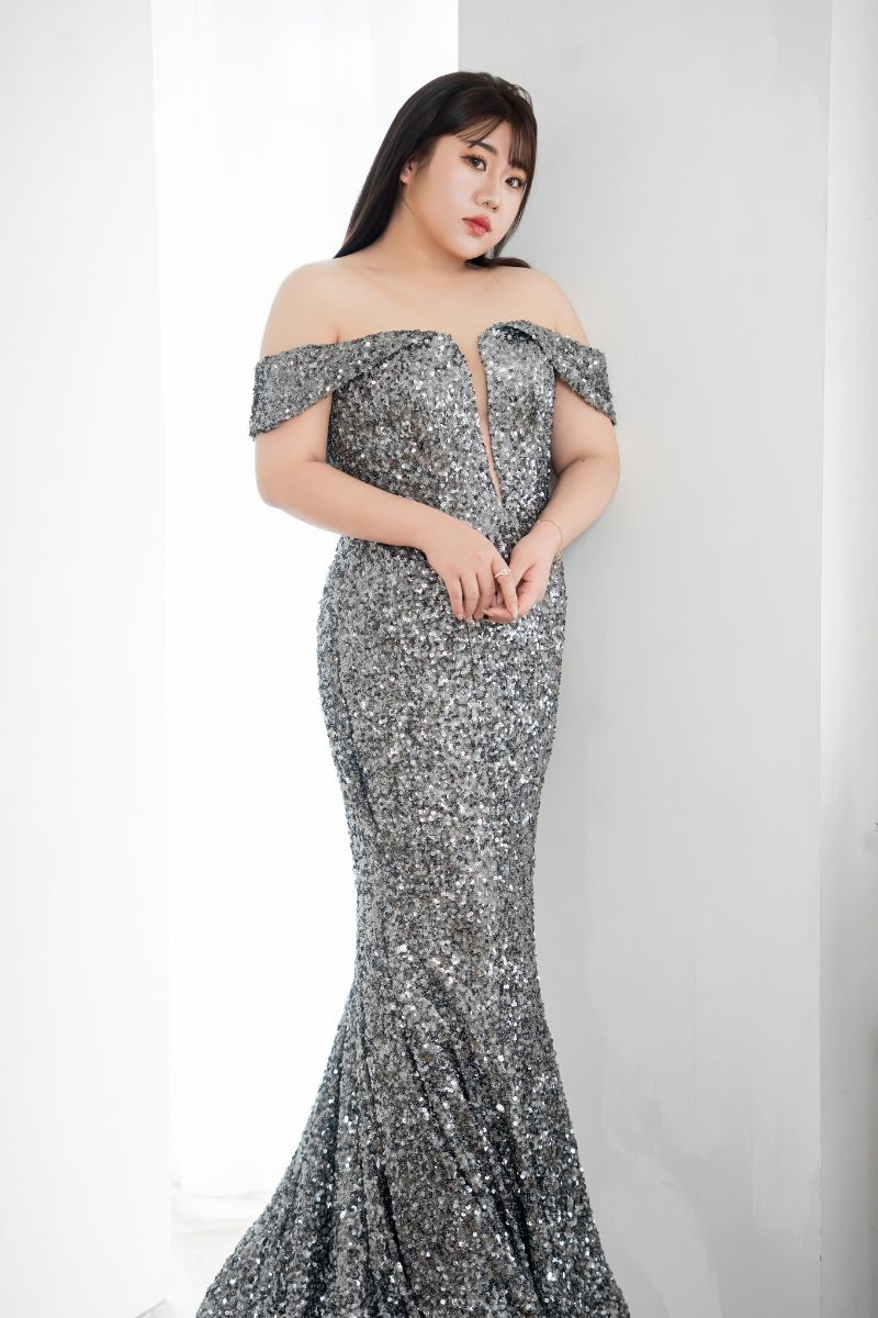 板橋蘇菲雅 婚紗 銀灰 大尺碼禮服 平口亮片裙襬