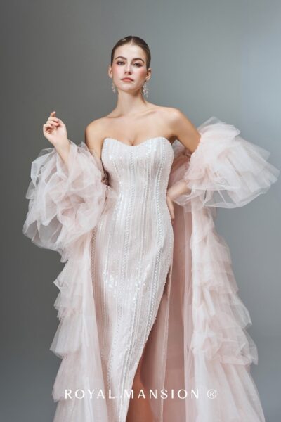 蘿亞婚紗推薦 高訂婚紗 粉霧微奢.亮片貼身披紗拖襬禮服