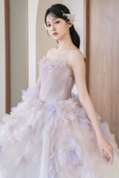 高雄翡麗婚紗 韓系婚紗 花園系列禮服 晨霧花雨．粉紫仙氣桃心領晚禮服1